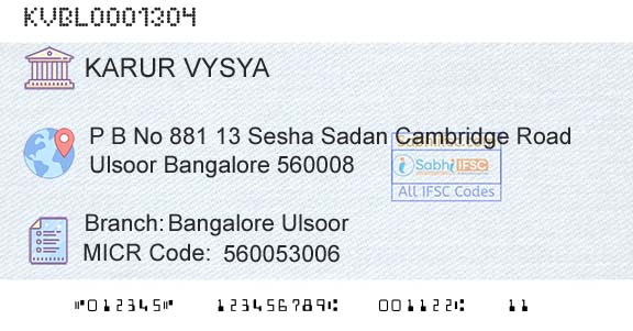 Karur Vysya Bank Bangalore UlsoorBranch 