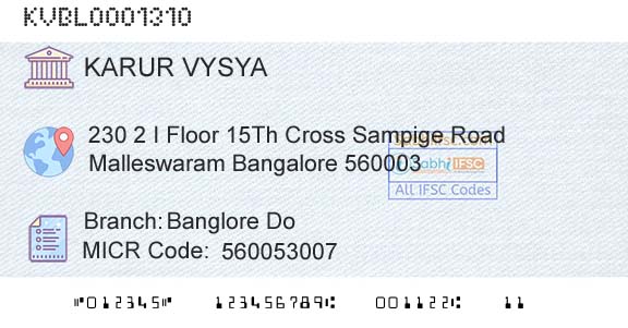 Karur Vysya Bank Banglore DoBranch 