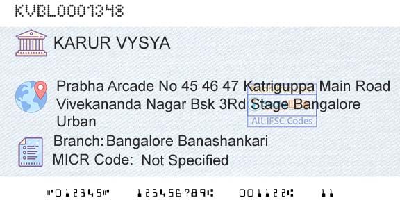 Karur Vysya Bank Bangalore BanashankariBranch 