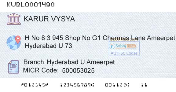 Karur Vysya Bank Hyderabad U AmeerpetBranch 