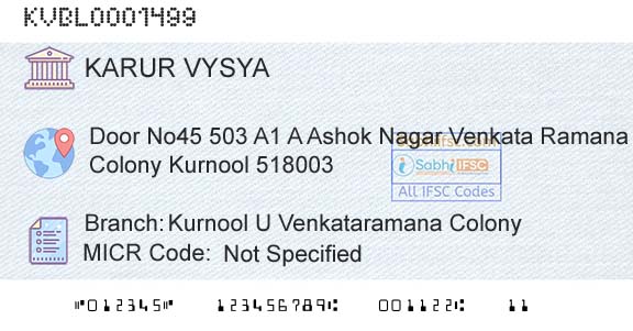 Karur Vysya Bank Kurnool U Venkataramana ColonyBranch 