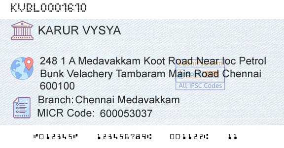 Karur Vysya Bank Chennai MedavakkamBranch 