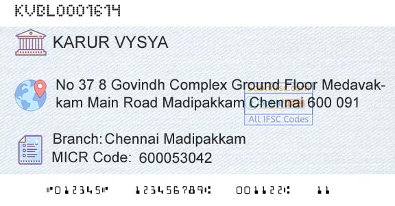 Karur Vysya Bank Chennai MadipakkamBranch 
