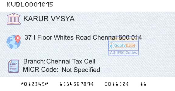 Karur Vysya Bank Chennai Tax CellBranch 