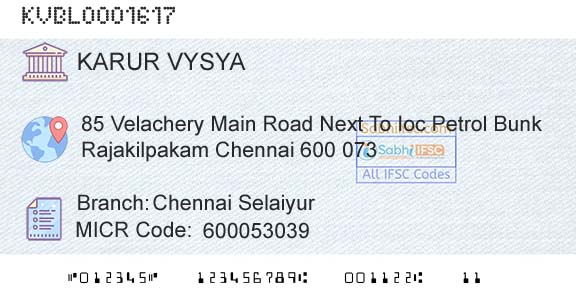 Karur Vysya Bank Chennai SelaiyurBranch 