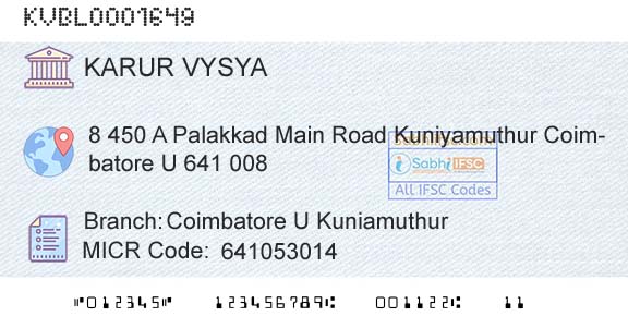 Karur Vysya Bank Coimbatore U KuniamuthurBranch 