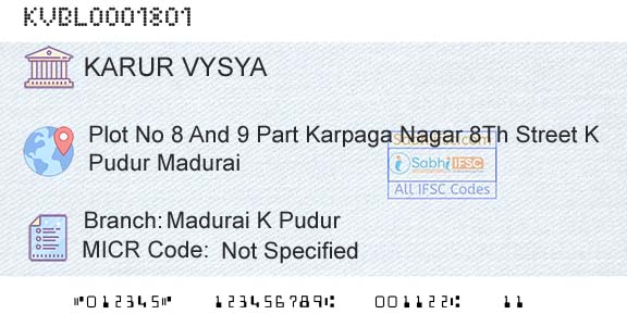 Karur Vysya Bank Madurai K PudurBranch 