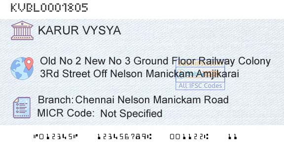 Karur Vysya Bank Chennai Nelson Manickam RoadBranch 