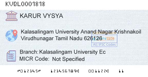Karur Vysya Bank Kalasalingam University EcBranch 