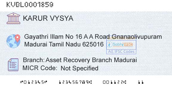 Karur Vysya Bank Asset Recovery Branch MaduraiBranch 