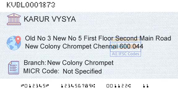 Karur Vysya Bank New Colony ChrompetBranch 