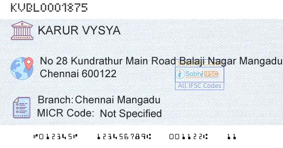 Karur Vysya Bank Chennai MangaduBranch 