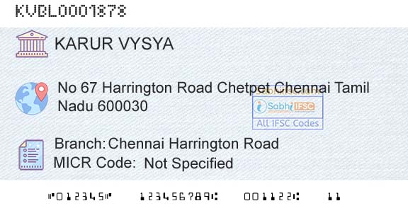 Karur Vysya Bank Chennai Harrington RoadBranch 