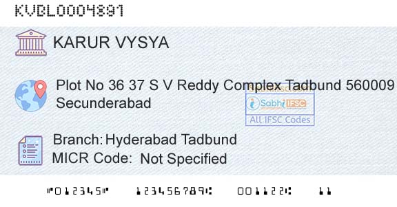 Karur Vysya Bank Hyderabad TadbundBranch 