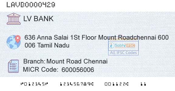 Laxmi Vilas Bank Mount Road ChennaiBranch 