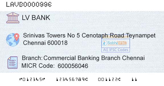 Laxmi Vilas Bank Commercial Banking Branch ChennaiBranch 