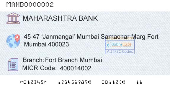 Bank Of Maharashtra Fort Branch MumbaiBranch 