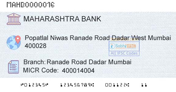 Bank Of Maharashtra Ranade Road Dadar MumbaiBranch 