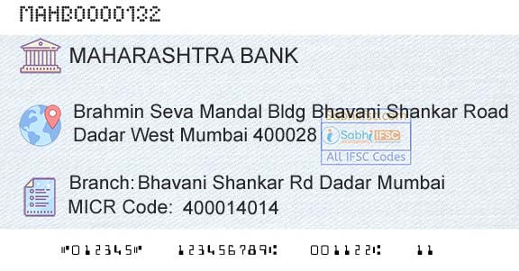 Bank Of Maharashtra Bhavani Shankar Rd Dadar MumbaiBranch 