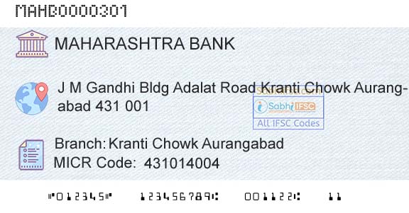 Bank Of Maharashtra Kranti Chowk AurangabadBranch 