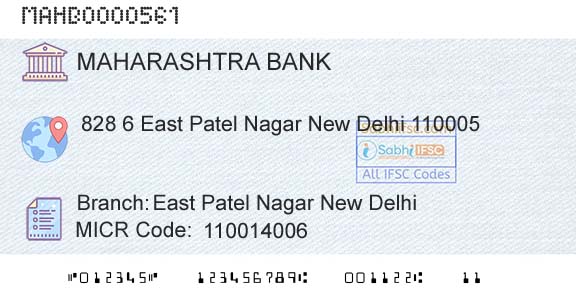 Bank Of Maharashtra East Patel Nagar New DelhiBranch 