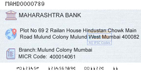 Bank Of Maharashtra Mulund Colony MumbaiBranch 