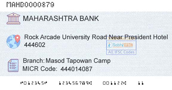 Bank Of Maharashtra Masod Tapowan Camp Branch 