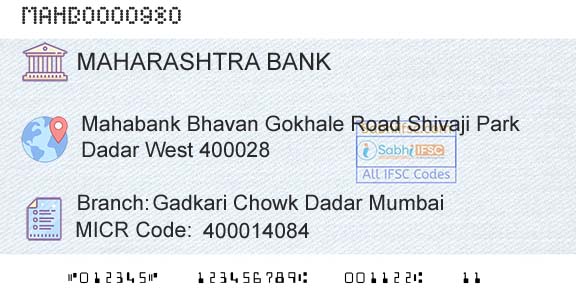 Bank Of Maharashtra Gadkari Chowk Dadar MumbaiBranch 
