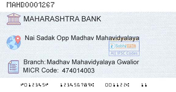Bank Of Maharashtra Madhav Mahavidyalaya GwaliorBranch 