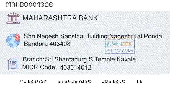 Bank Of Maharashtra Sri Shantadurg S Temple KavaleBranch 