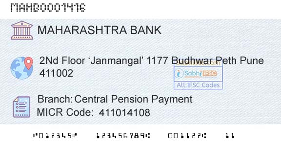 Bank Of Maharashtra Central Pension PaymentBranch 