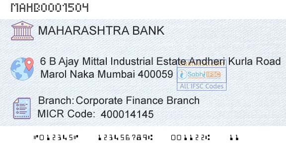 Bank Of Maharashtra Corporate Finance BranchBranch 