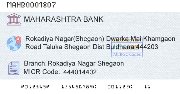 Bank Of Maharashtra Rokadiya Nagar Shegaon Branch 