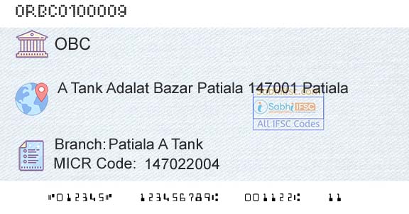 Oriental Bank Of Commerce Patiala A TankBranch 