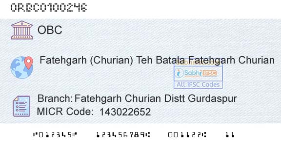 Oriental Bank Of Commerce Fatehgarh Churian Distt GurdaspurBranch 