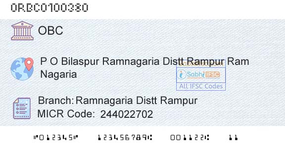 Oriental Bank Of Commerce Ramnagaria Distt RampurBranch 
