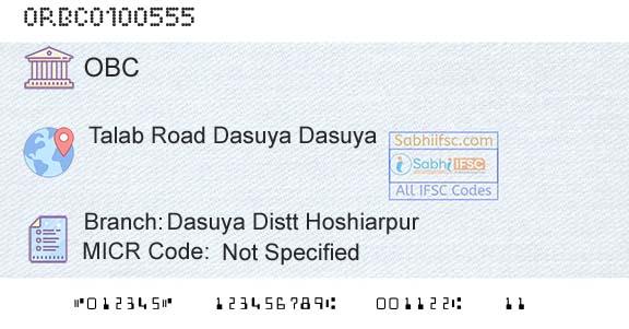 Oriental Bank Of Commerce Dasuya Distt HoshiarpurBranch 