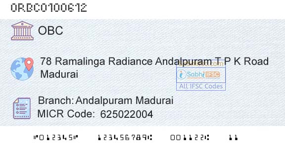 Oriental Bank Of Commerce Andalpuram MaduraiBranch 