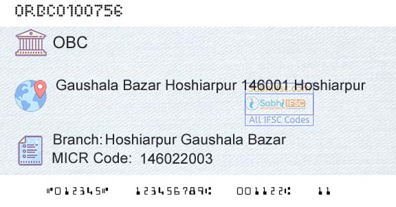 Oriental Bank Of Commerce Hoshiarpur Gaushala BazarBranch 