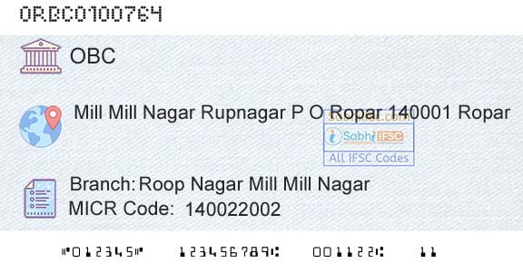 Oriental Bank Of Commerce Roop Nagar Mill Mill NagarBranch 