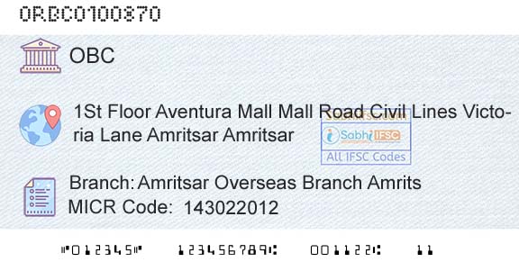 Oriental Bank Of Commerce Amritsar Overseas Branch AmritsBranch 