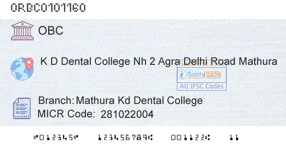 Oriental Bank Of Commerce Mathura Kd Dental CollegeBranch 