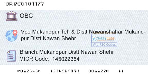 Oriental Bank Of Commerce Mukandpur Distt Nawan ShehrBranch 