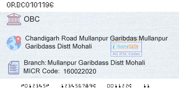 Oriental Bank Of Commerce Mullanpur Garibdass Distt MohaliBranch 