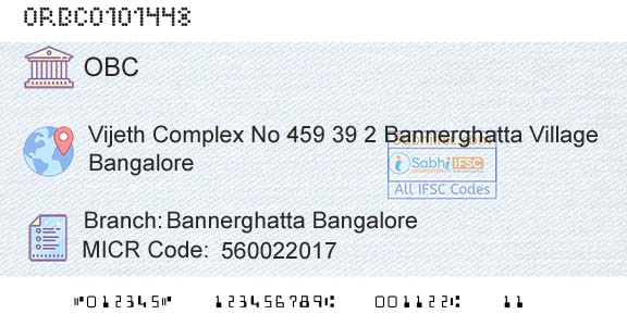 Oriental Bank Of Commerce Bannerghatta BangaloreBranch 