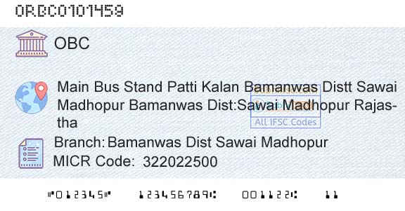 Oriental Bank Of Commerce Bamanwas Dist Sawai MadhopurBranch 