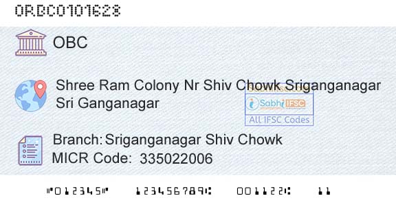 Oriental Bank Of Commerce Sriganganagar Shiv ChowkBranch 