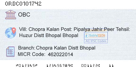 Oriental Bank Of Commerce Chopra Kalan Distt BhopalBranch 