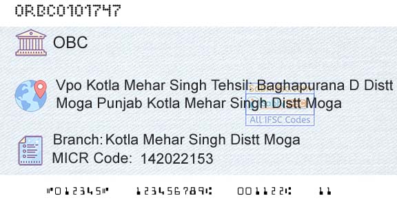 Oriental Bank Of Commerce Kotla Mehar Singh Distt MogaBranch 