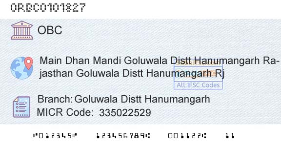 Oriental Bank Of Commerce Goluwala Distt HanumangarhBranch 
